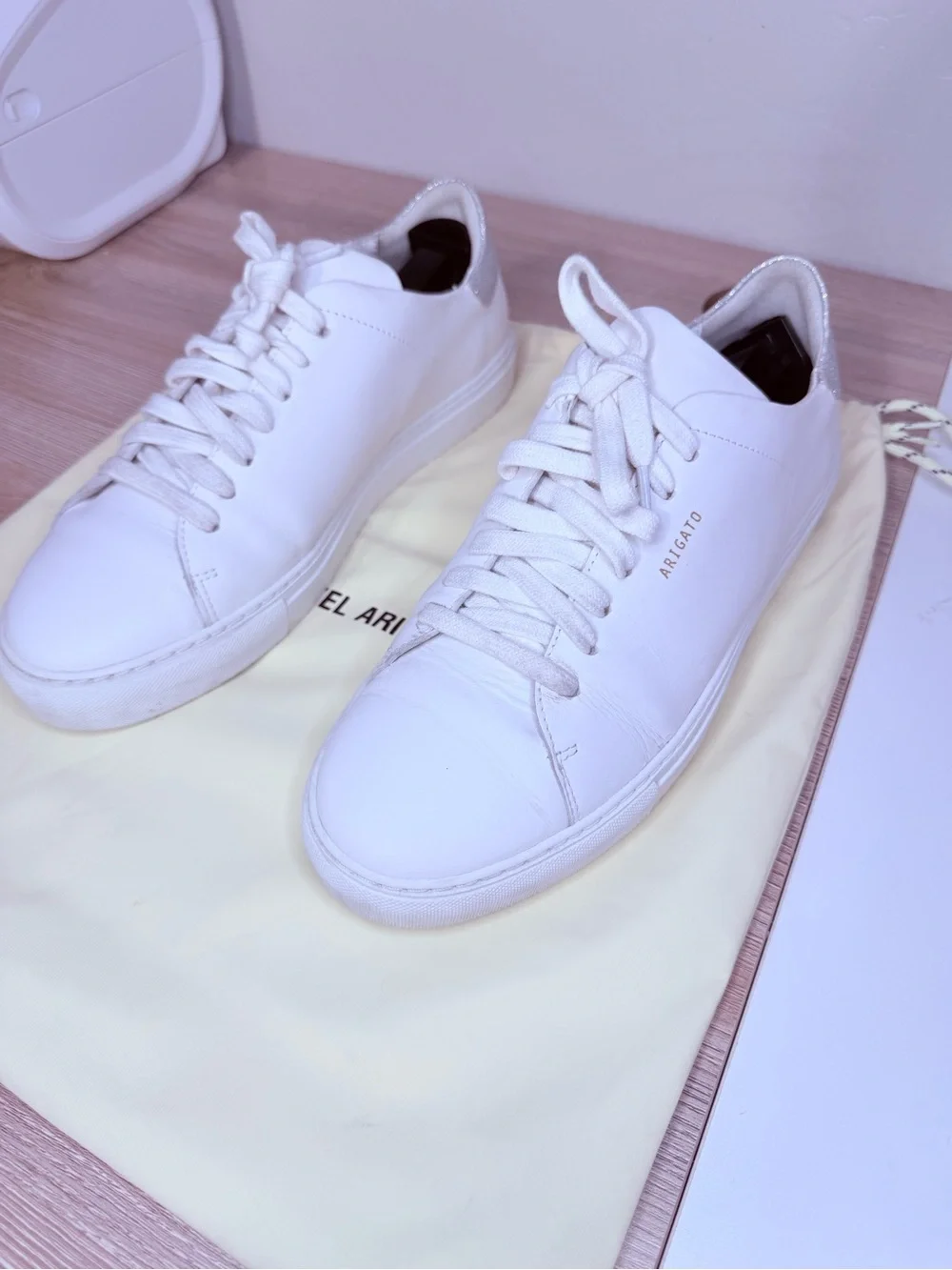 Axel Arigato Clean 90 White Leather Low-Top Sneakers Silver Glitter Women’s 10